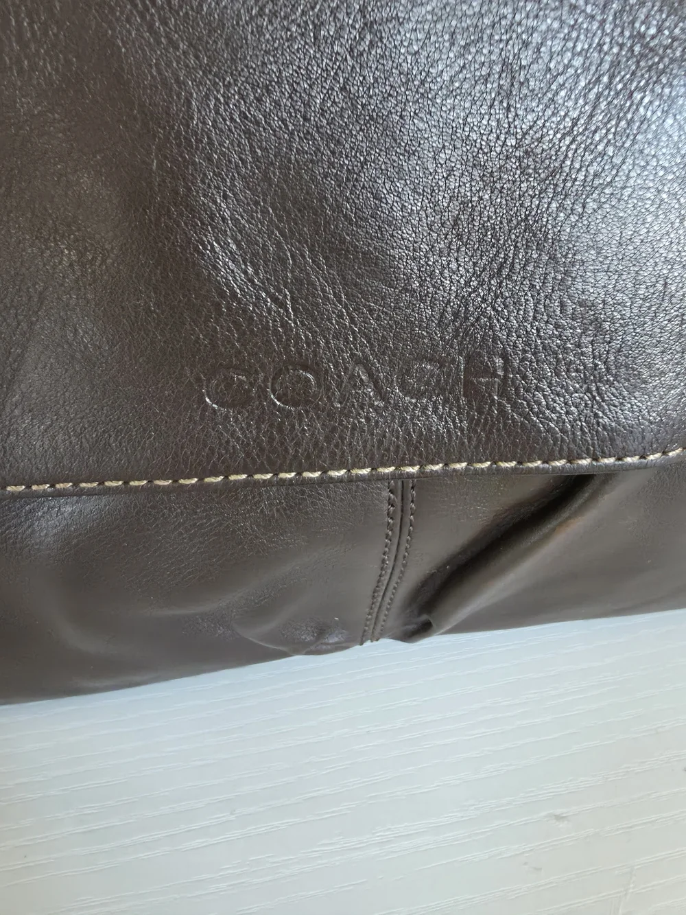 Coach Dark Brown Leather Messenger Bag with Striped Adjustable Strap